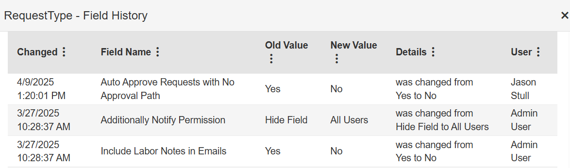 Request type field history pop-up.